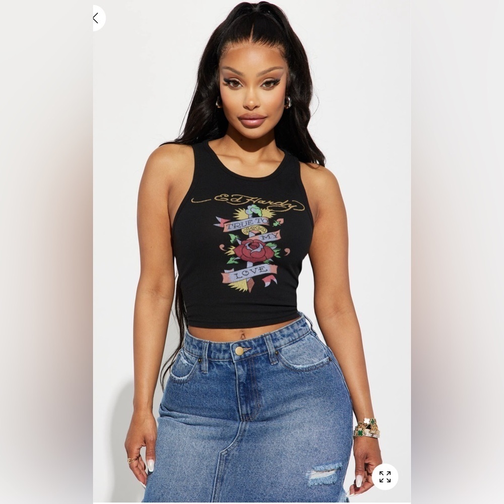 Fashion Nova x Ed Hardy True Love Graphic Ribbed Tank Top Black NWT Size L